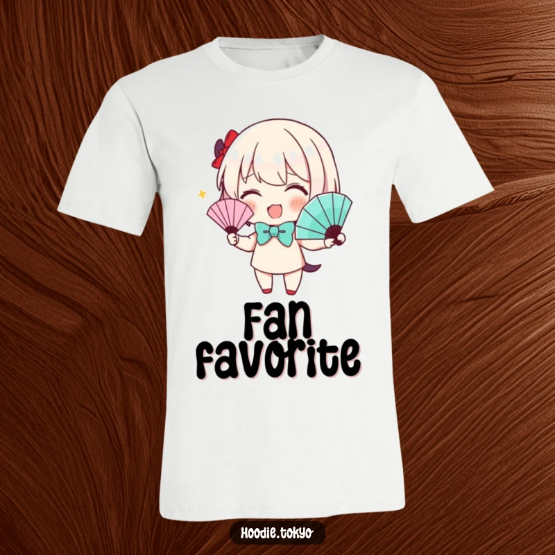 Funny T-Shirt: Character in a cute bow tie energetically waves a fan, looking dapper and exceptionally cool.