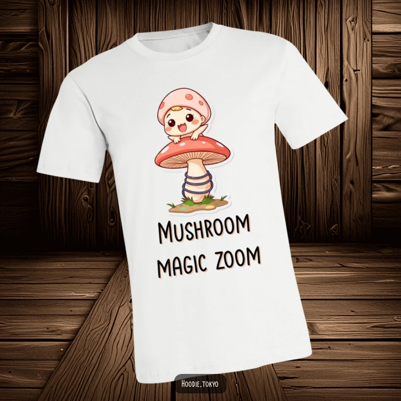 Funny t-shirt featuring a character with a huge grin energetically bouncing on an oversized, springy mushroom, radiating pure fun.