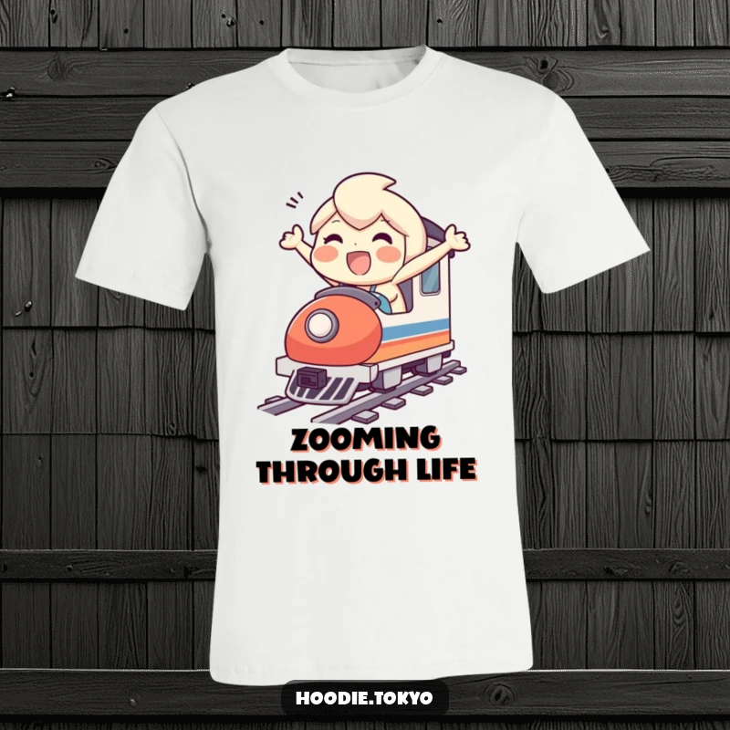 Funny t-shirt with a happy character speeding on a miniature bullet train, radiating pure joy and adventure.