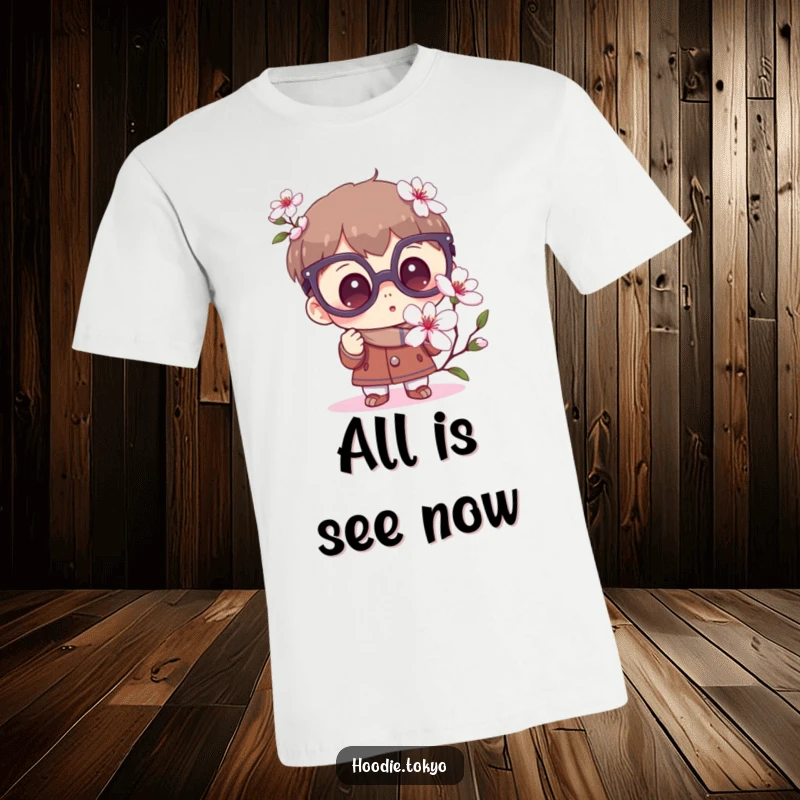 Funny Curious T-Shirt: A character with oversized glasses examining a sakura blossom with wide-eyed wonder and fascination.