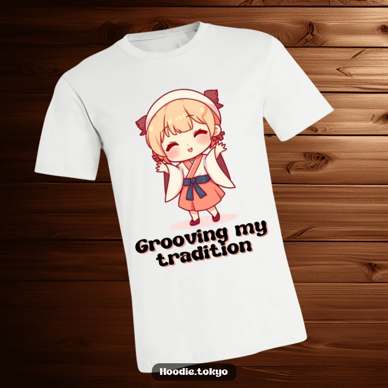 Funny playful character in traditional Japanese outfit performing a silly dance, vibrant and energetic t-shirt design.