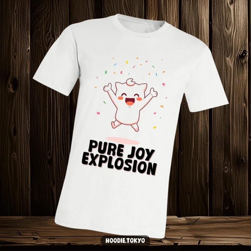 Funny joyful kawaii t-shirt featuring a cute character jumping with confetti, perfect funny gift.
