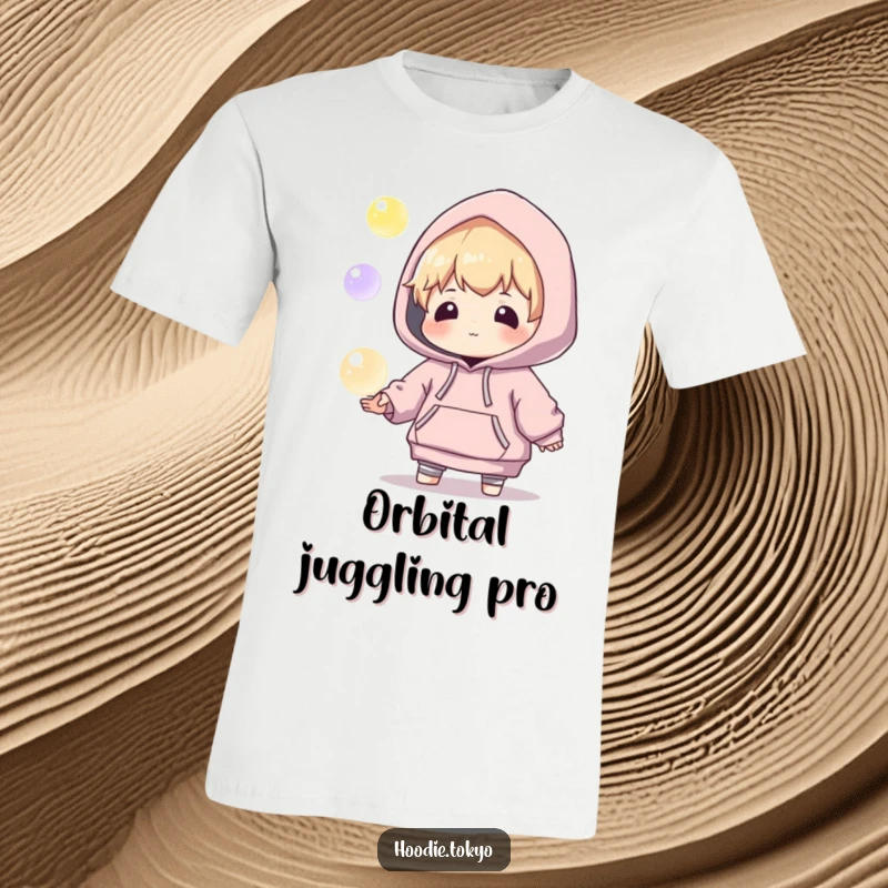 Funny t-shirt design of a playful character in an oversized hoodie, attempting to juggle luminous, glowing orbs with whimsical focus.