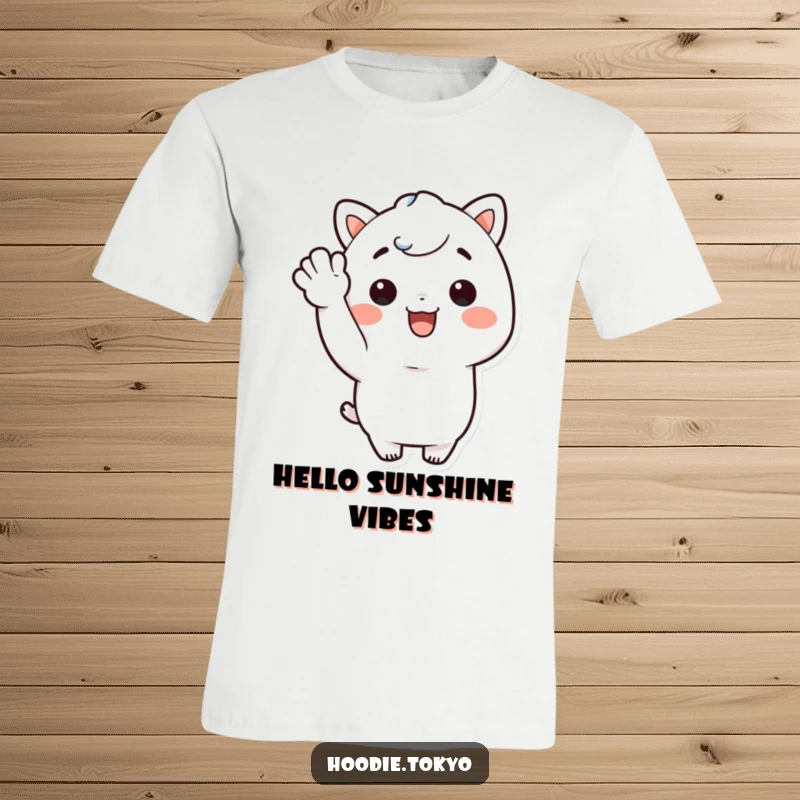 Funny Kawaii character with a big, infectious smile giving a cheerful wave on a comfortable and happy t-shirt.