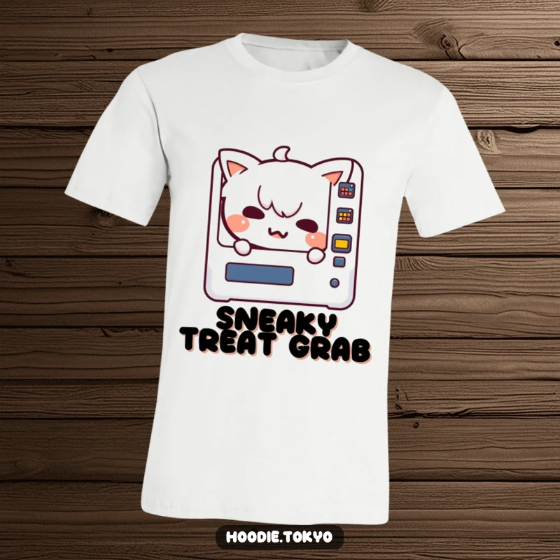 Funny Kawaii character with a mischievous grin peeking from behind a vending machine on a t-shirt, exuding playful mischief.
