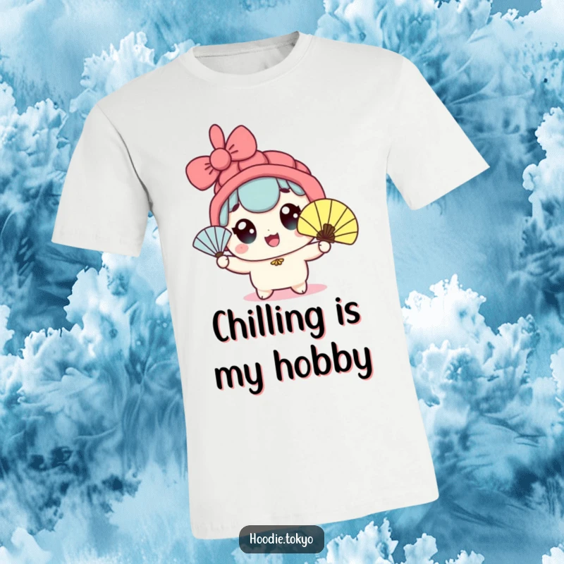 Funny kawaii character t-shirt with wide eyes enthusiastically waving a fan, perfect for staying cool and looking cute.