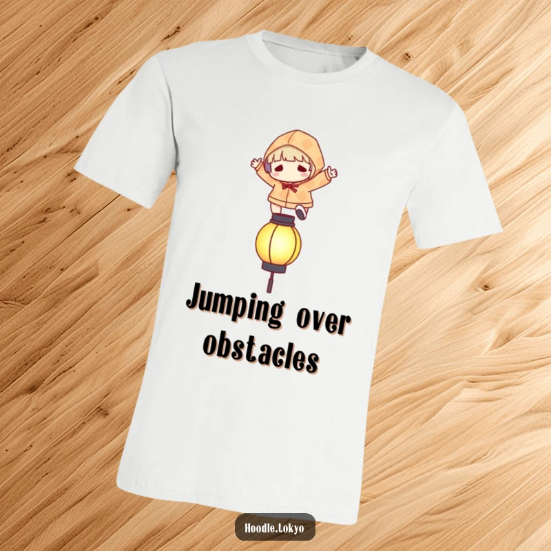 Funny t-shirt of a character in a patterned hoodie leaping excitingly over a stylized, glowing lantern.