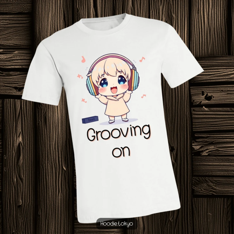 Funny T-Shirt: Character wearing oversized headphones bops enthusiastically to unheard music, radiating pure musical bliss.