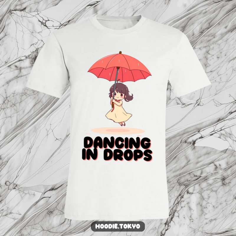 Funny T-Shirt: Character happily dances in a gentle rain, clutching a bright red umbrella, exuding pure joy.