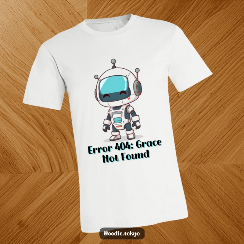 Funny robot t-shirt depicting a character dressed as a robot doing a silly, comical wobble with uncertain balance.