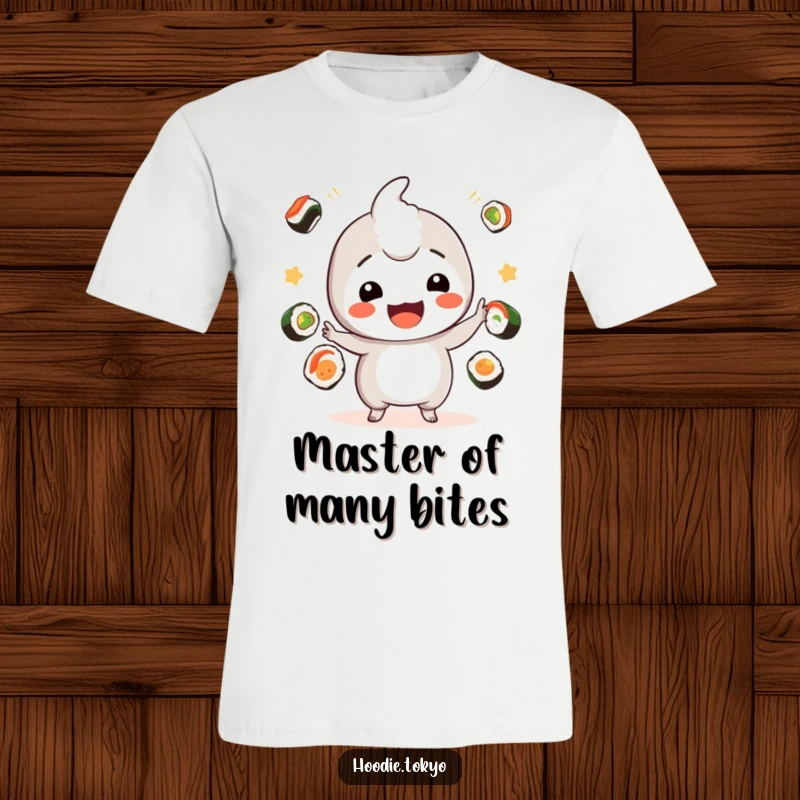 Funny sushi juggler kawaii t-shirt with a playful character tossing sushi pieces, perfect funny gift.