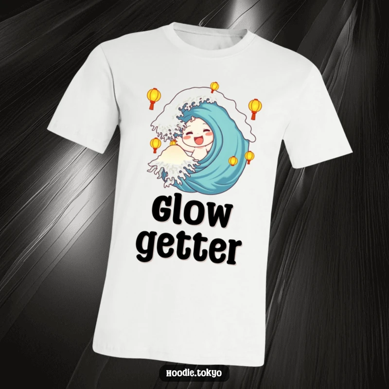 Funny T-Shirt: Character with a big, happy wave is encircled by softly glowing lanterns, symbolizing friendship and joy.