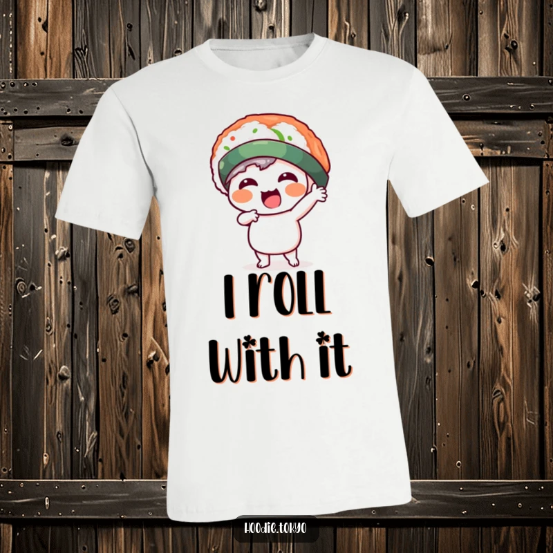 Funny kawaii character wearing a silly sushi hat, striking a playful and energetic pose on a t-shirt. A wearable piece of art and humor.