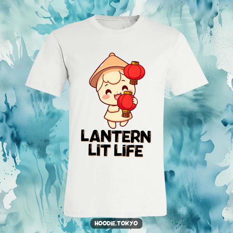 Funny t-shirt of a smiling character wearing a tiny conical hat, holding a bright red lantern, embodying festive excitement and cheerful radiance.