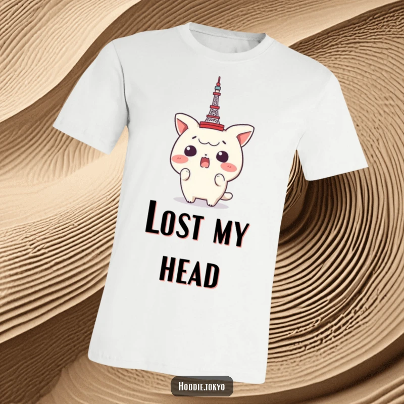 Funny Tokyo Tower T-Shirt: A character displaying comical shock with a tiny Tokyo Tower sitting amusingly atop its head, a travel humor statement.