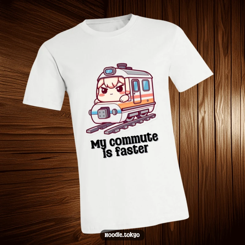 Funny bullet train kawaii t-shirt featuring a determined character riding a tiny express, great for a funny gift.