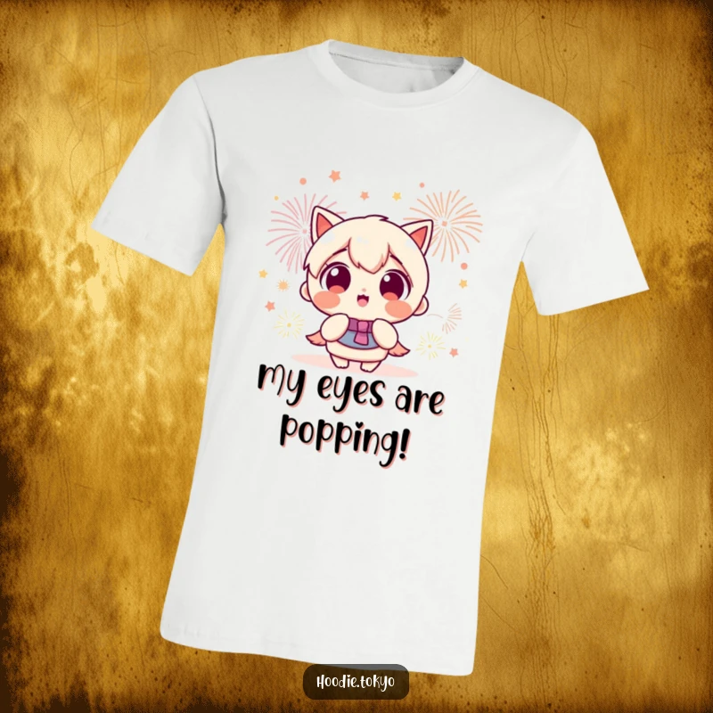 Funny Kawaii character with wide, ecstatic eyes watching a vibrant fireworks show, expressing pure wonder on this t-shirt.