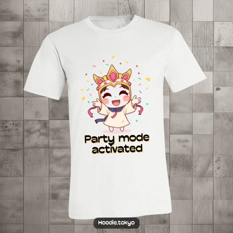 Funny character in a festival mask joyfully throwing confetti, conveying pure celebration and humor in a wearable design.