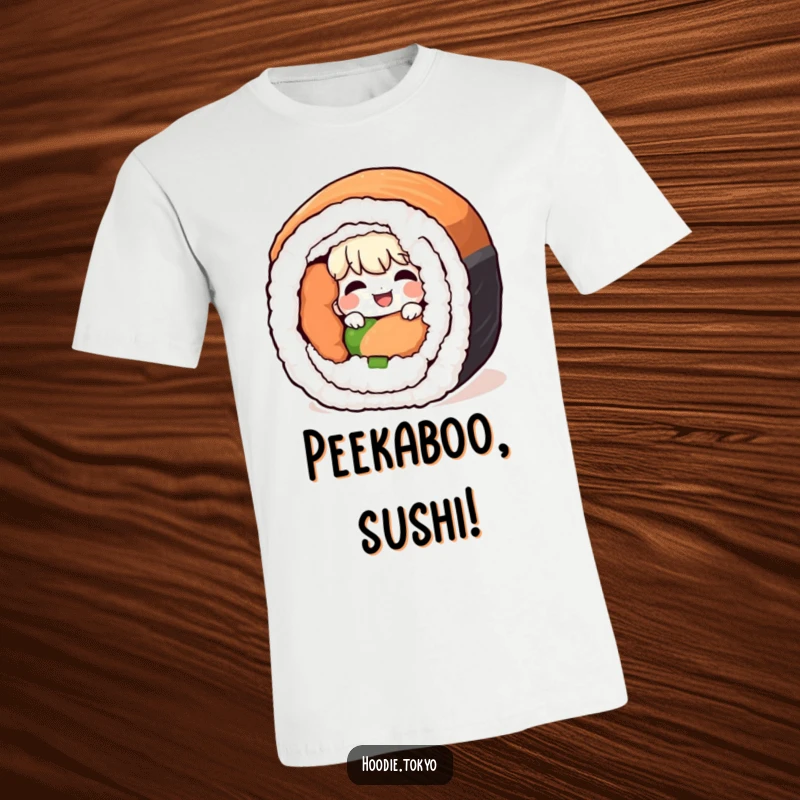 Funny giggling character peeking from behind a huge sushi roll, a humorous and fun t-shirt design.