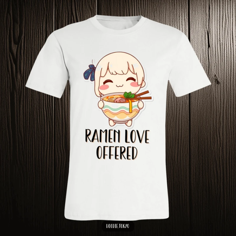 Funny cheerful character holding a bowl of ramen and offering it with a smile, a delicious t-shirt design.