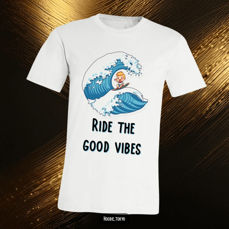 Funny t-shirt featuring a character gleefully surfing a massive, stylized wave, capturing the exhilaration of the ride.