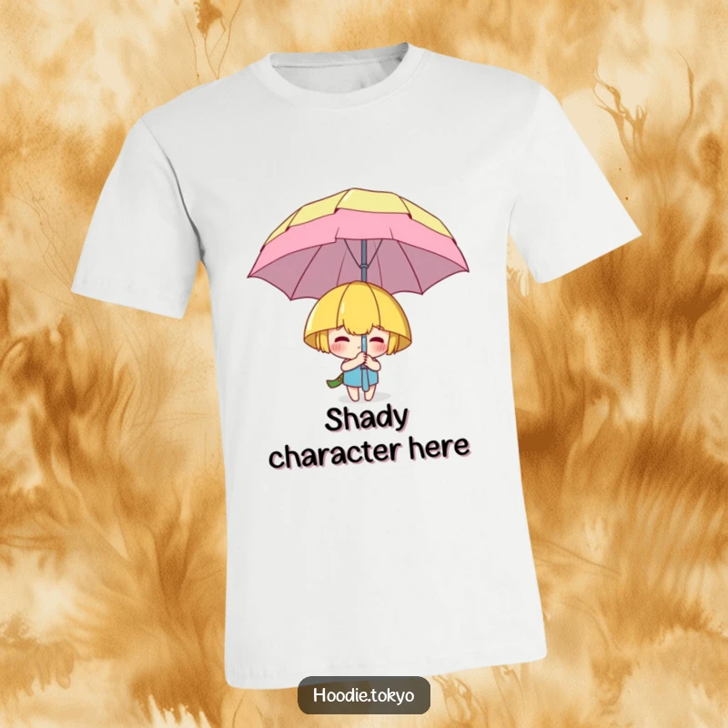 Funny t-shirt featuring a character playfully concealed behind an oversized, cartoonish umbrella, hinting at playful secrets.