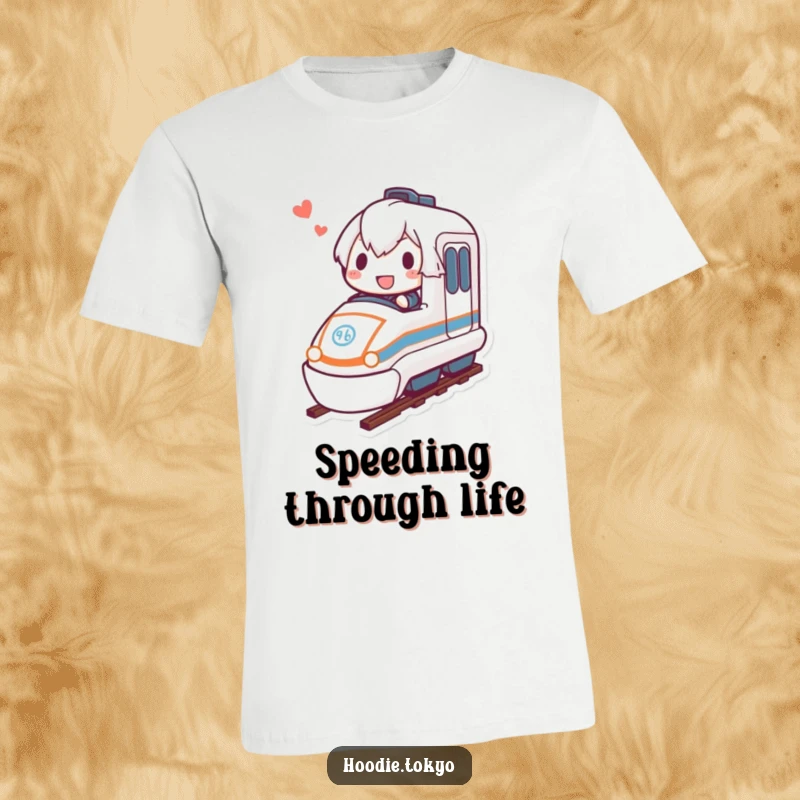 Funny bullet train rider t-shirt showing a determined character with a joyful expression on a miniature bullet train.