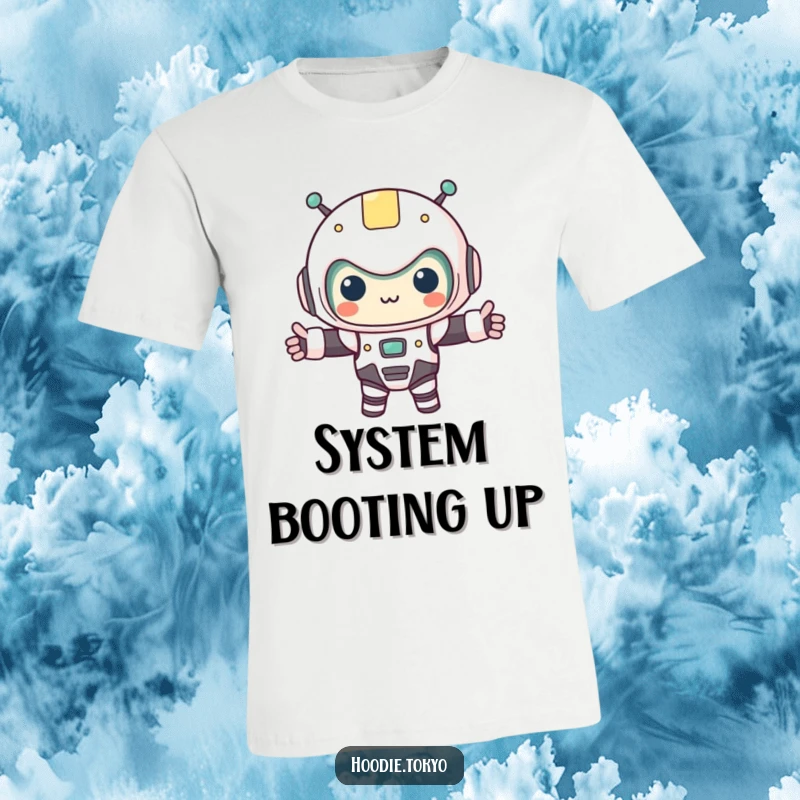 Funny kawaii character wearing a tiny robot costume, arms outstretched with a friendly gesture, printed on a t-shirt. Humorous and endearing.