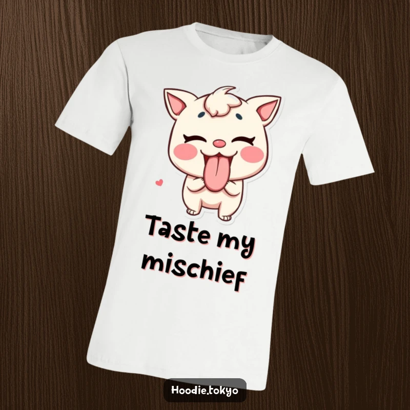 Funny Tongue Out T-Shirt: A mischievous character playfully extending its tongue like a sweet candy, embodying cheeky fun and lightheartedness.