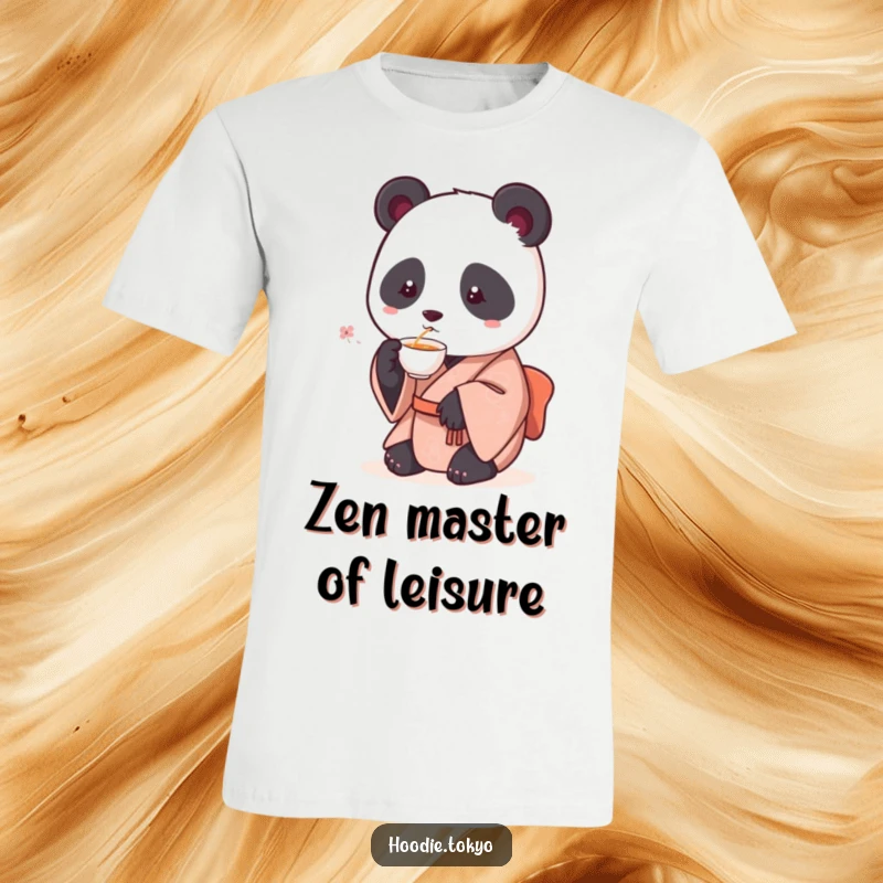 Funny t-shirt featuring a round panda dressed in a traditional kimono, peacefully sipping tea from a small, elegant cup.