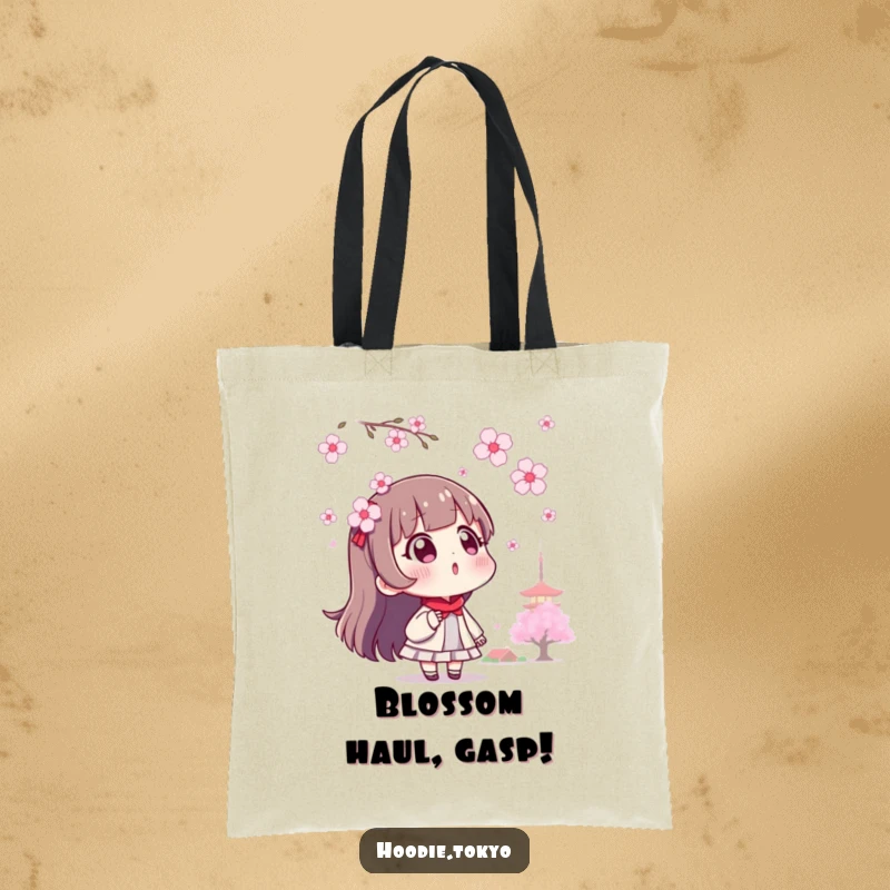 Funny Tokyo character tote bag, depicting a surprised expression amidst floating cherry blossoms.