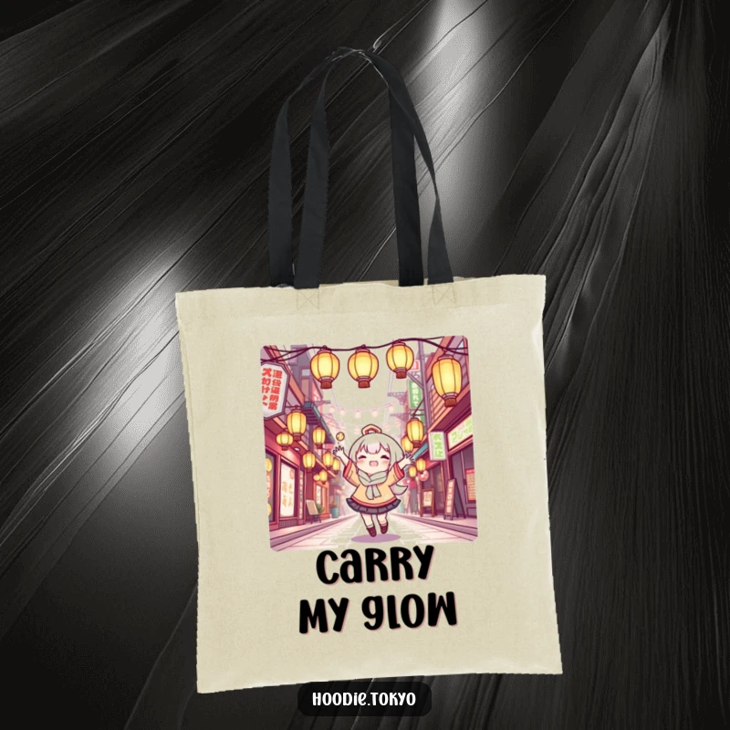 Funny Tote Bag: Kawaii character joyfully juggling glowing lanterns in a Tokyo street, a humorous and practical accessory.