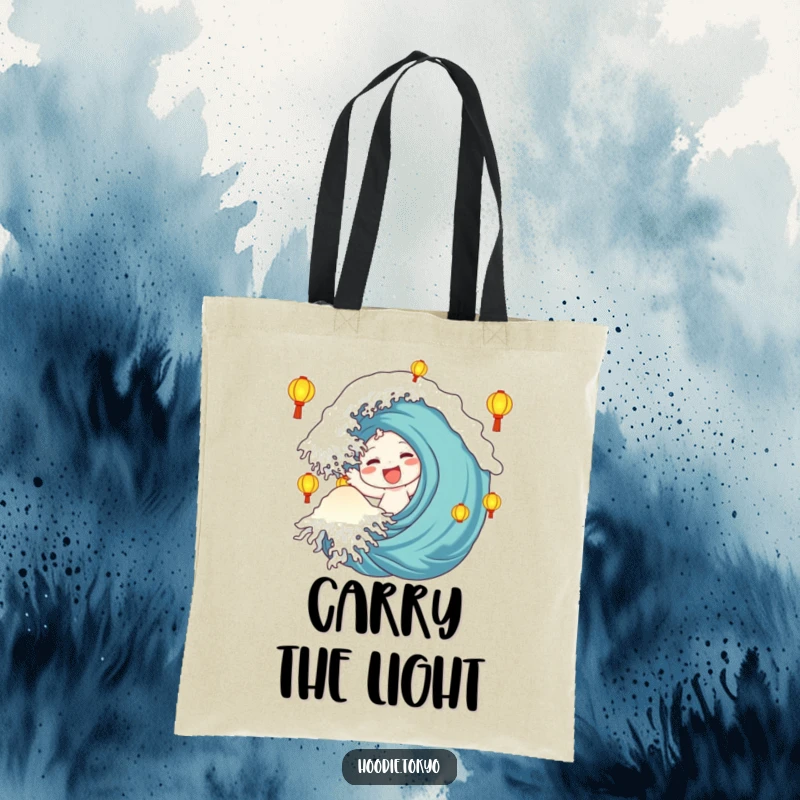 Funny Tote Bag: Character with a large, happy wave is surrounded by glowing lanterns, ideal for carrying items with a cheerful aura.