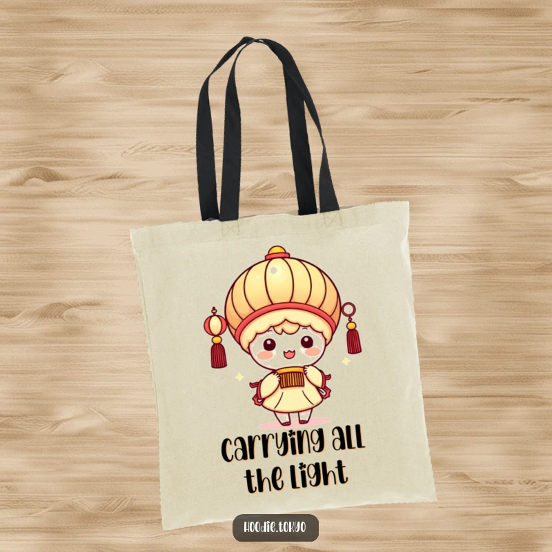 Funny kawaii character holding a giant festive lantern, beaming brightly, cheerful and cute design on a durable tote bag.