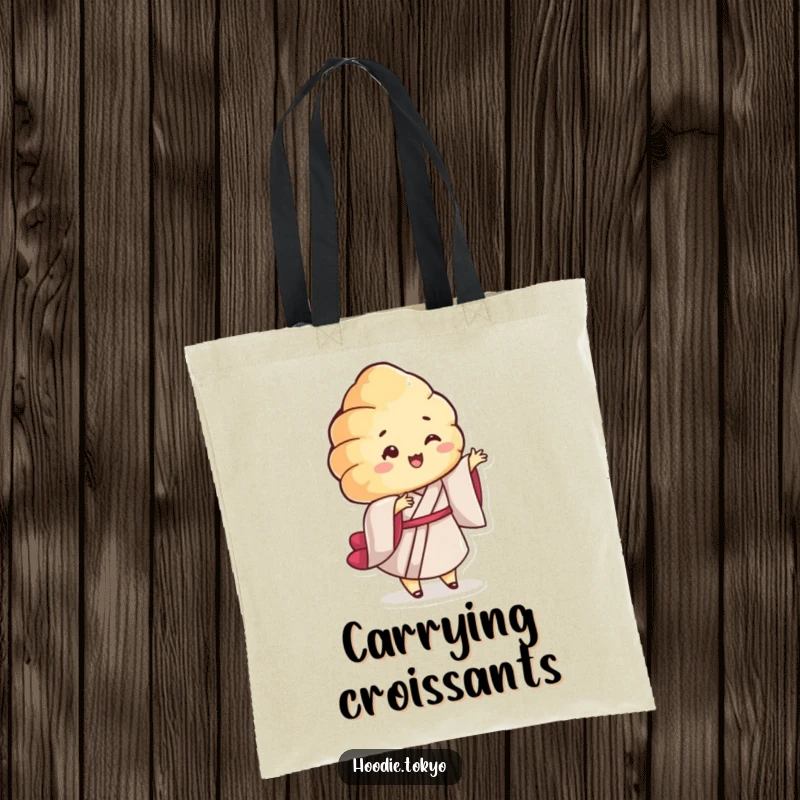 Funny Croissant Kimono Tote Bag: A durable tote with a smiling croissant character in a kimono twirling playfully, ideal for everyday use.
