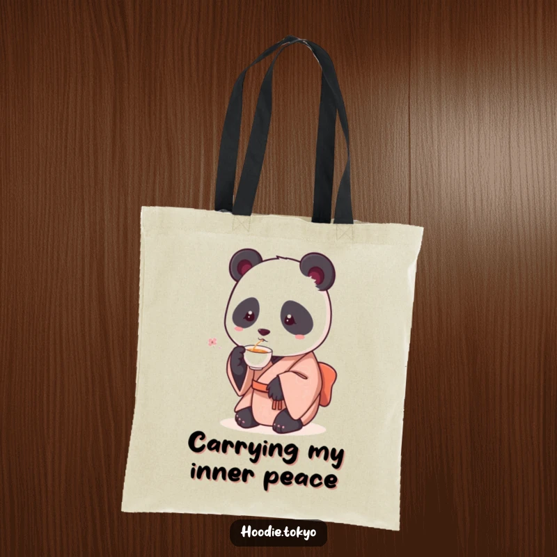Funny tote bag with a round panda in a kimono, holding a delicate teacup, ready for a peaceful tea break.