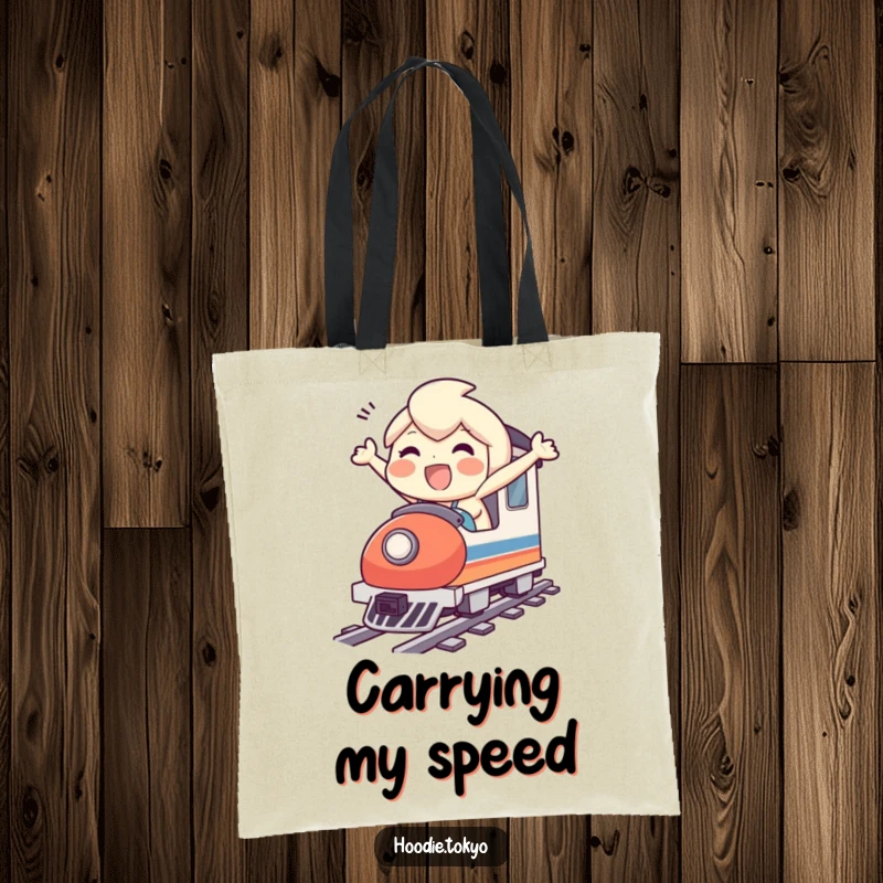 Funny tote bag showcasing a delighted character embarking on a thrilling miniature bullet train journey, great for everyday use.