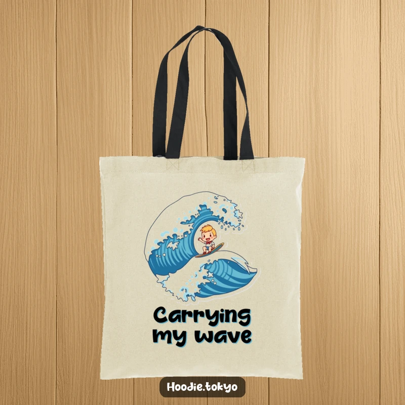 Funny tote bag showing a character surfing a large, stylized wave, perfect for carrying beach gear with a humorous touch.
