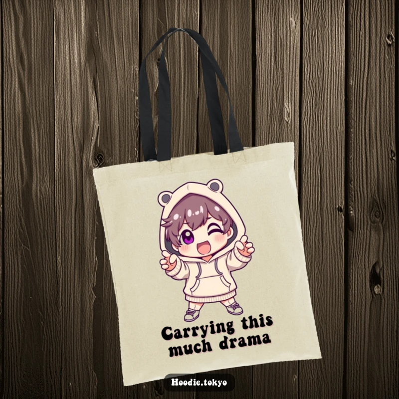 Funny tote bag featuring a cute character in a fashionable hoodie, striking a dramatic and excited pose.