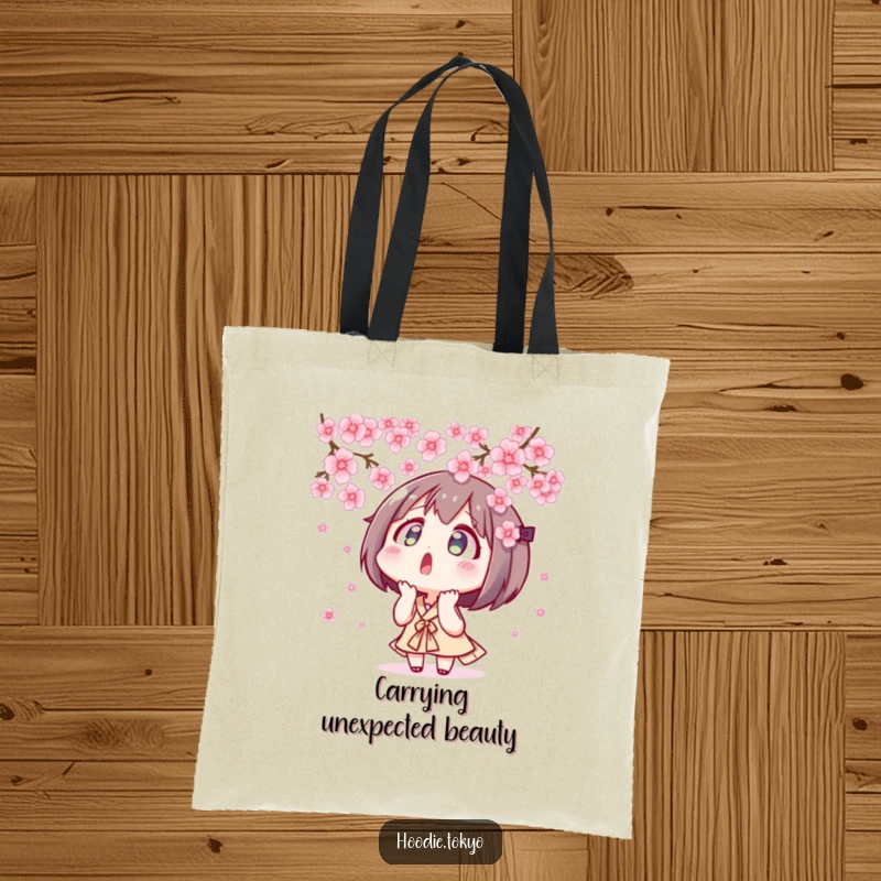 Funny surprised Tokyo character looking up at plentiful floating cherry blossoms, charming tote bag design, Japanese spring aesthetic.