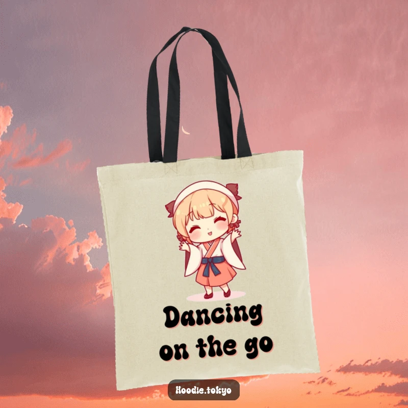 Funny playful character in traditional Japanese outfit doing a silly dance, portable and stylish tote bag.