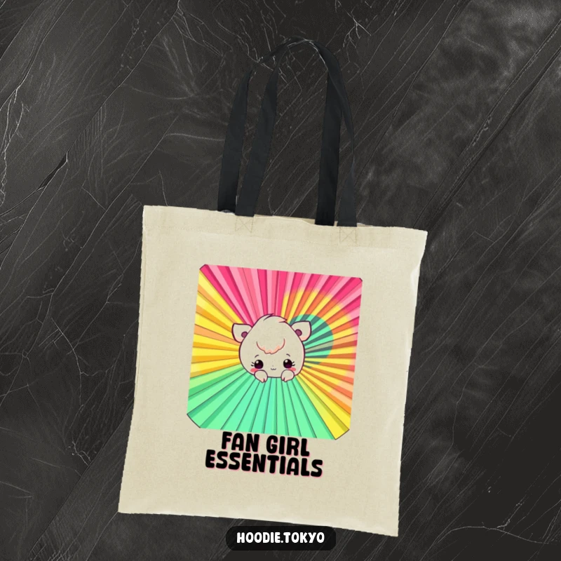 Funny Fan Peek-a-Boo Tote Bag featuring a playful character peeking from behind a giant colorful fan, great for shopping.