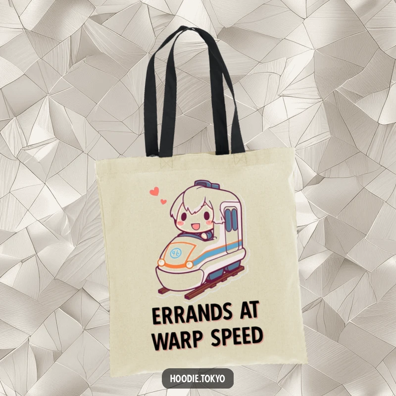 Funny bullet train tote bag featuring a determined character joyfully riding a miniature bullet train, perfect for carrying items.