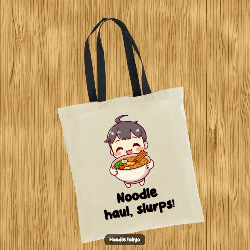 Funny cheerful ramen character tote bag, smiling and holding out a bowl of ramen.