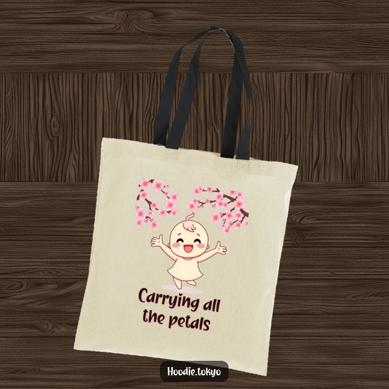 Funny tote bag with a character joyfully dancing under cherry blossoms, perfect for carrying groceries or books.