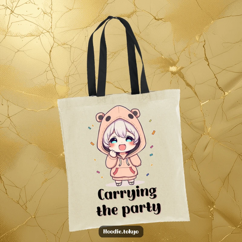 Funny tote bag showcasing a character in a unique hoodie, joyfully throwing confetti with a beaming, delighted expression.