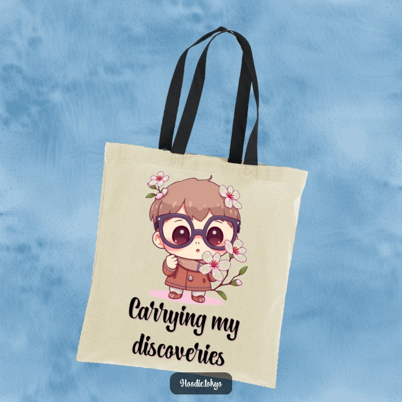 Funny Curious Tote Bag: A character with big glasses examining a sakura flower, perfect for carrying treasures.