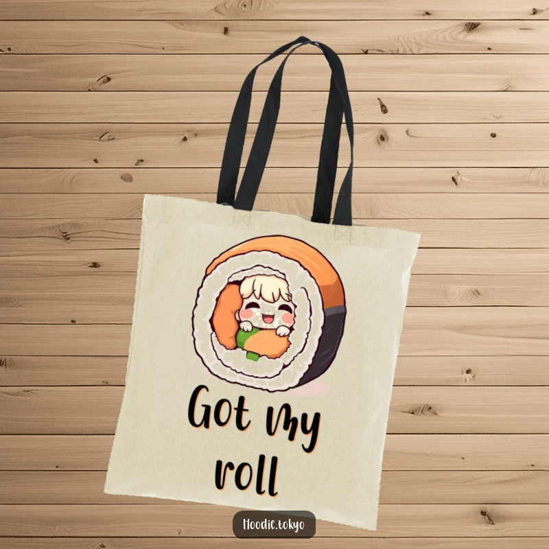 Funny giggling character peeking from behind a giant sushi roll, a humorous and practical tote bag.