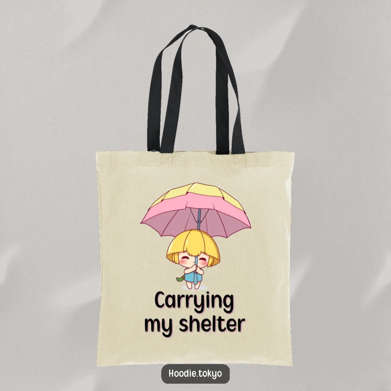 Funny tote bag showing a character playfully hiding behind a large, cartoonish umbrella, ideal for carrying items with humor.