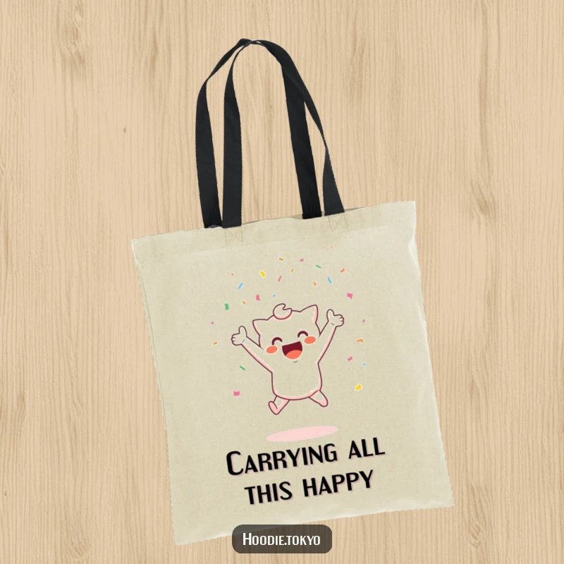Funny joyful kawaii tote bag with a cute character jumping with confetti, ideal funny gift.